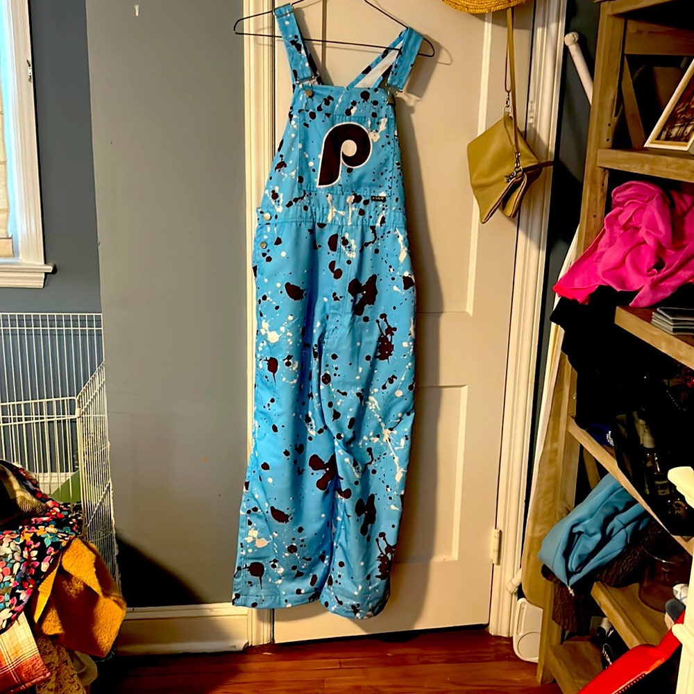 Phillies FOCO paint splattered women's overalls.